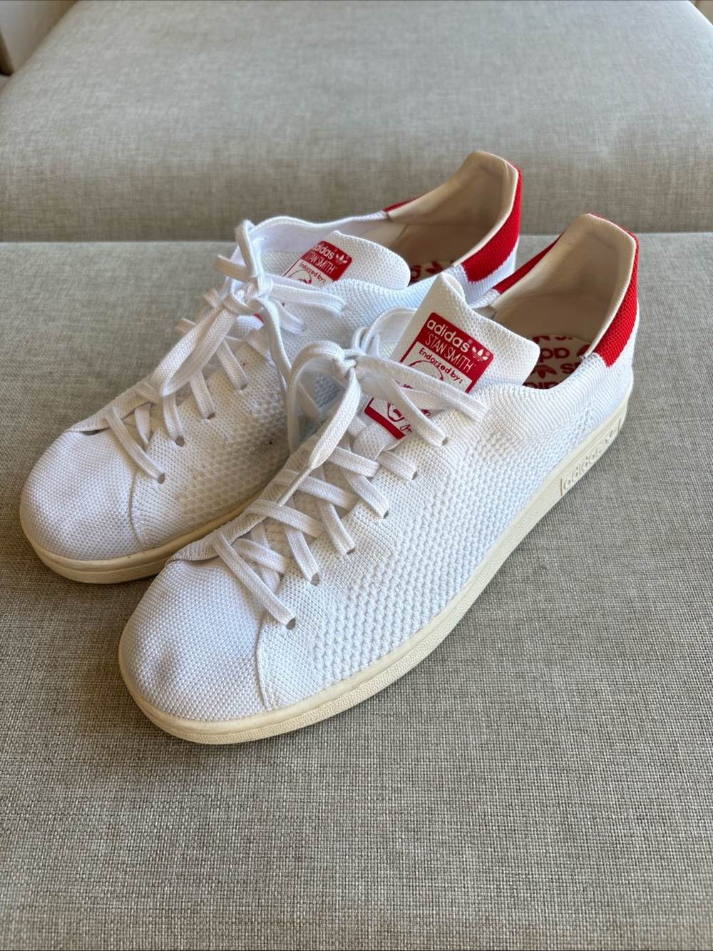 adidas Men's White & Red Stan Smith Knit Sneakers Primeknit